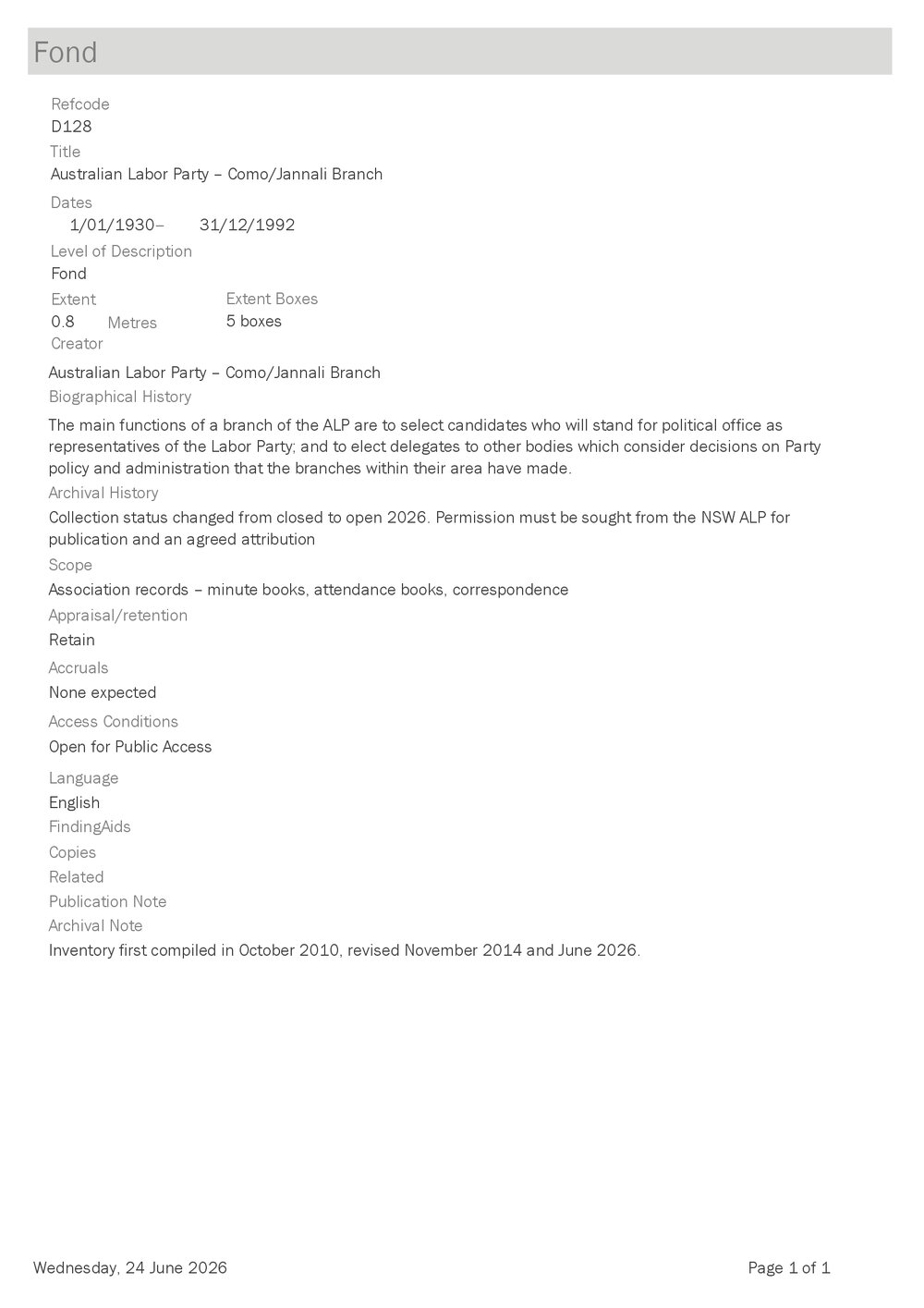 Australian Labor Party &ndash; Como/ Jannali Branch collection guide