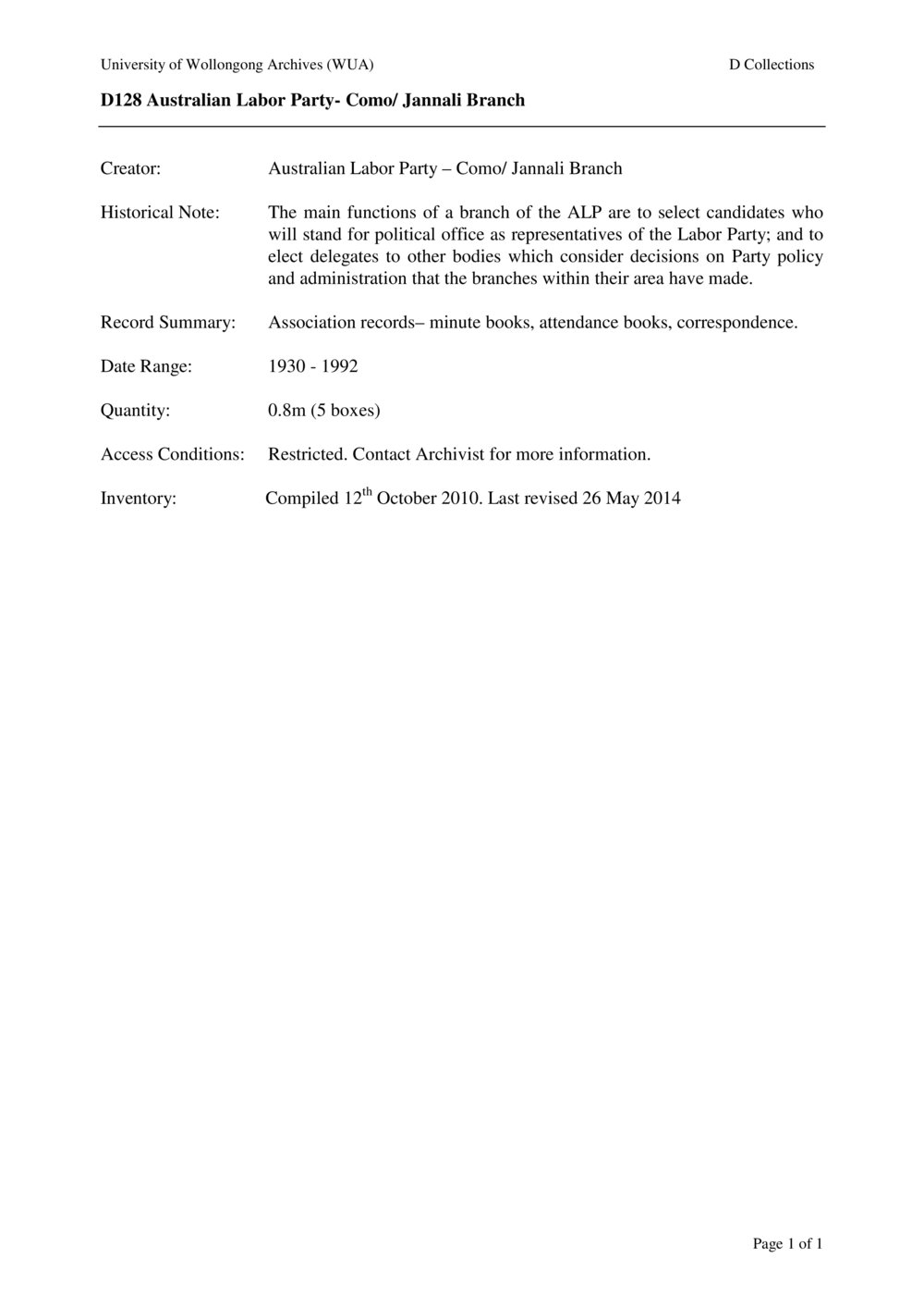Australian Labor Party &ndash; Como/ Jannali Branch collection guide