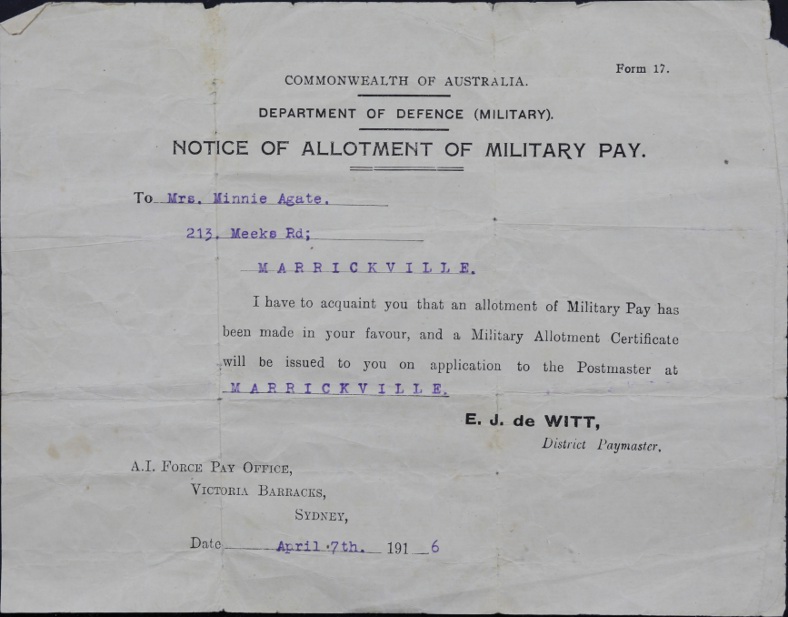 Notice of allotment of military pay to Mrs Minnie Agate