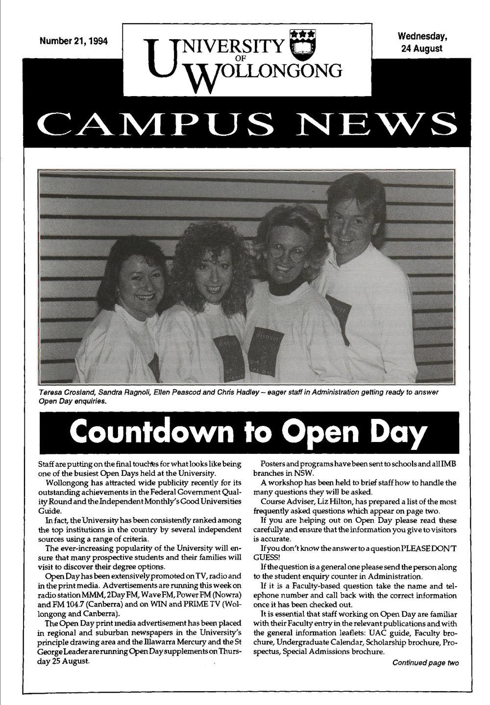 Campus News 24 August 1994 no 21 | University of Wollongong Archives