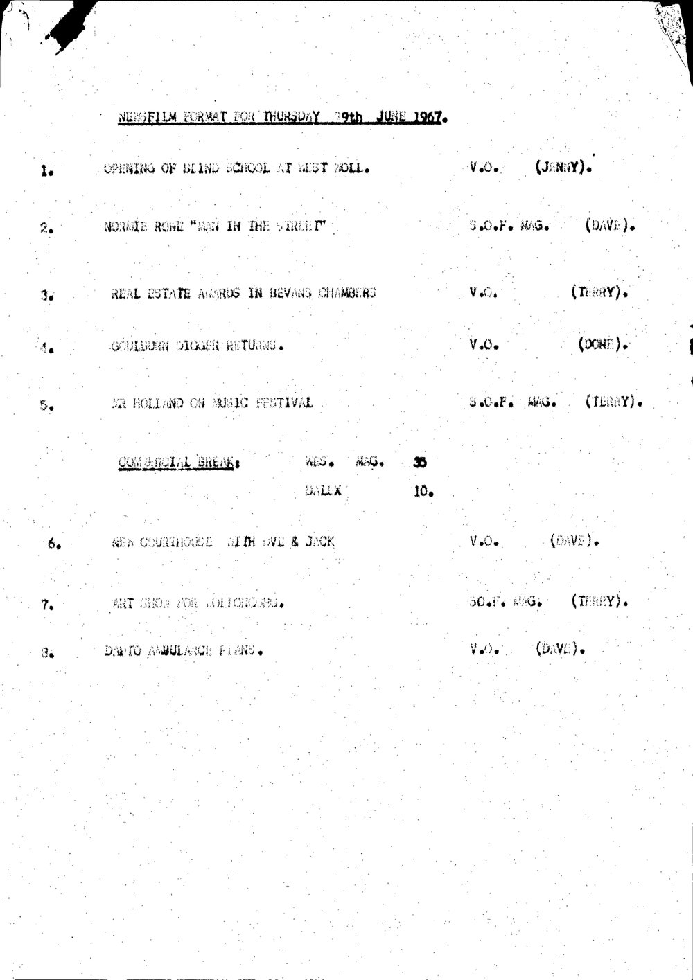 WIN News Anchor Script 29 June 1967