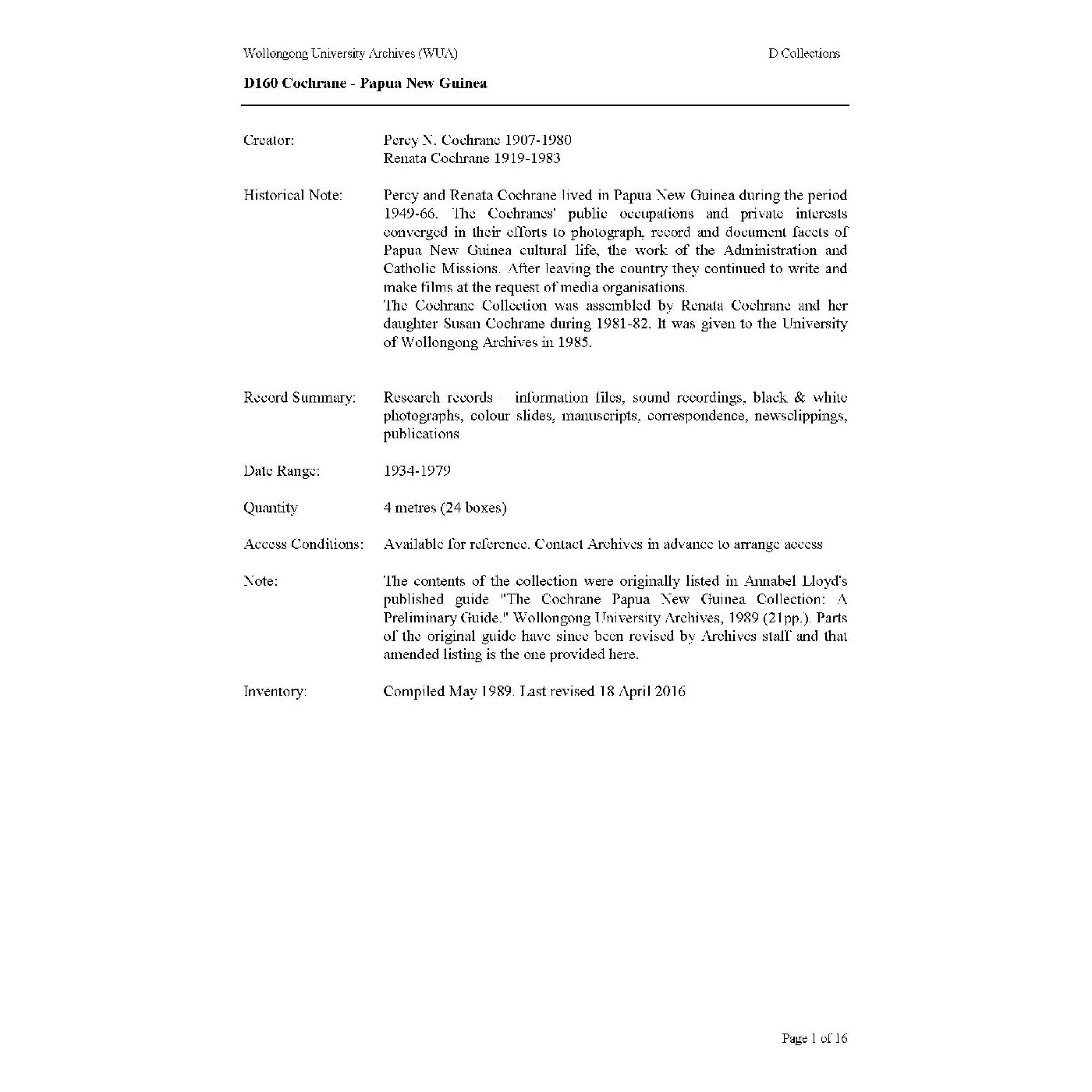 UOW Archival Collection Inventories