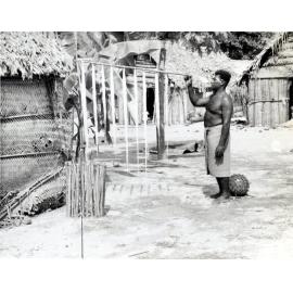 Mortlock Island Tuvi inspecting hibiscus fibre for wearing