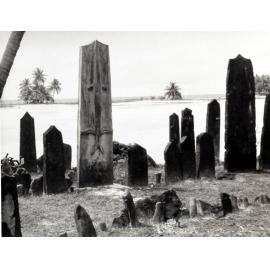 Tasman Island, Mortlock group, cemetery showing carved head stones