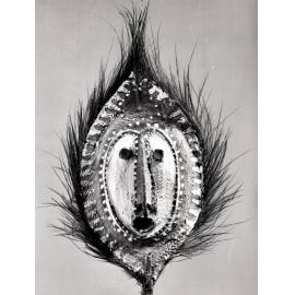 Basketry mask decorated with cassowary feathers