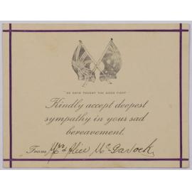 Sympathy card and envelope from Mrs Alice McGarlock