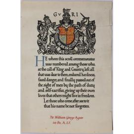 Scroll from King George, inscribed Pte. William George Agate. 1st Bn. A.I.F.