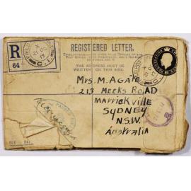 Registered letter envelope to Mrs M. Agate