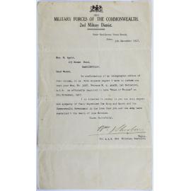 Letter to Mrs Agate regarding the death of Private W. G. Agate, from Major Sherbon